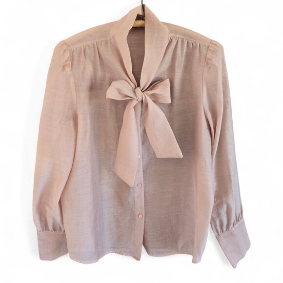 Zara Tops - Zara Womens Large Sheer Pink Tie Front Scarf Blouse Long Sleeve Button Front